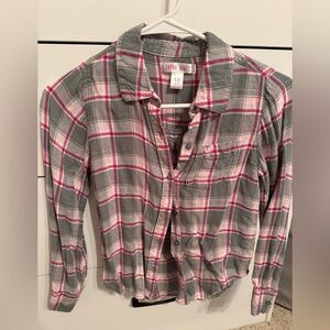 Girls Plaid Button Down Shirt - Gray and Pink